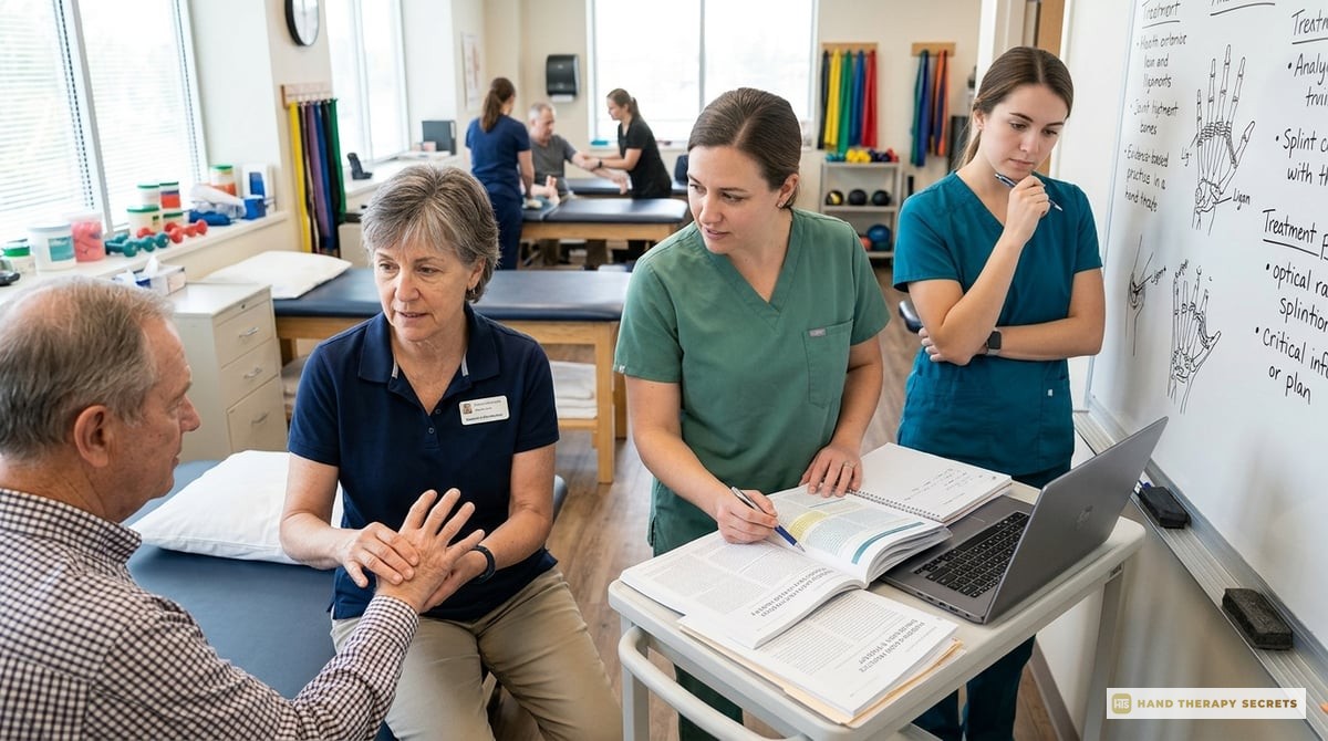 A diagram showing key components of clinical decision-making in hand therapy; includes assessment skills, critical thinking, and evidence-based