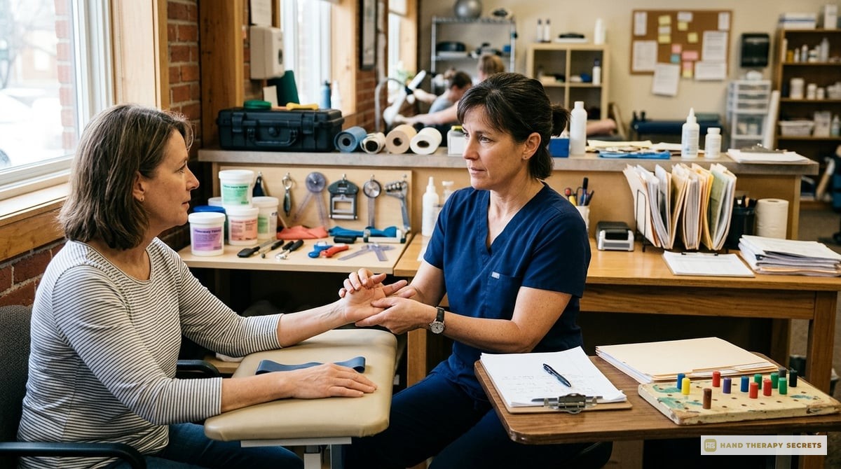 A therapist in a clinical setting, confidently assessing a patient's hand, surrounded by therapy equipment and supportive