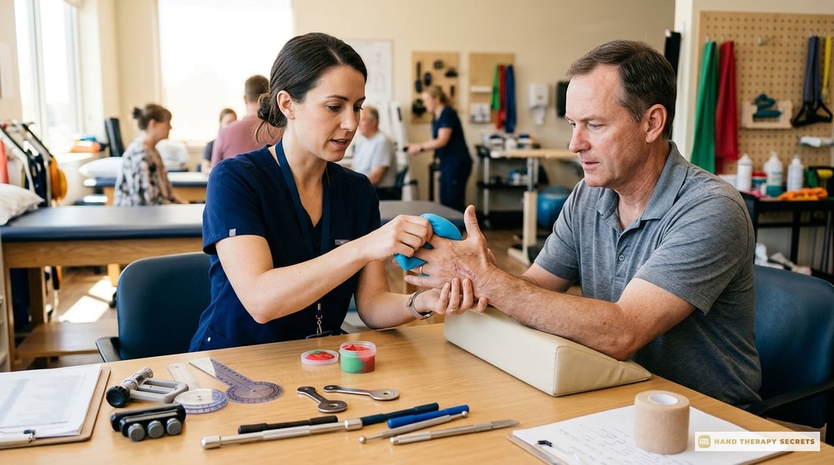 A professional occupational therapist interacting with a patient, applying clinical reasoning in a hand therapy session, illustrated with therapy