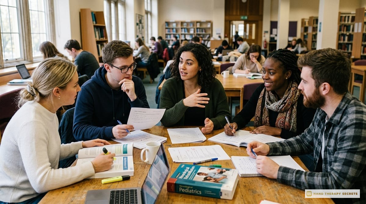 An engaging photo of a study group with occupational therapists discussing clinical reasoning questions and answering practice exams