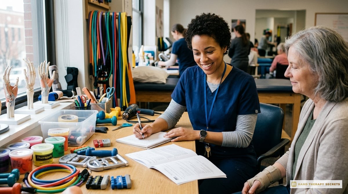A confident occupational therapist reviewing exam materials with a notebook, surrounded by hand therapy equipment.

Photo-realistic