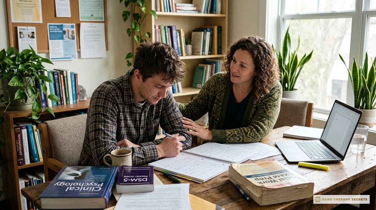 A supportive therapist encouraging a colleague who just failed the exam, seated together with study materials around them.

Photo-realistic