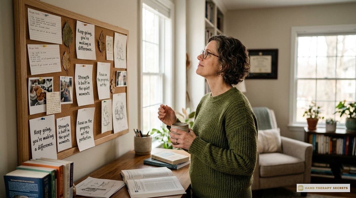 A thoughtful therapist finding inspiration in motivational quotes on a study board, symbolizing encouragement and determination.

Photo-realistic