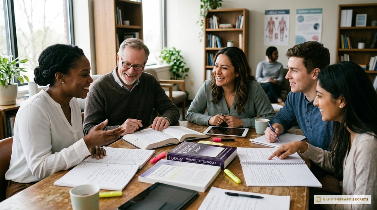 An engaging image of a study group of therapists collaborating over study materials, demonstrating camaraderie and support.

Photo-realistic