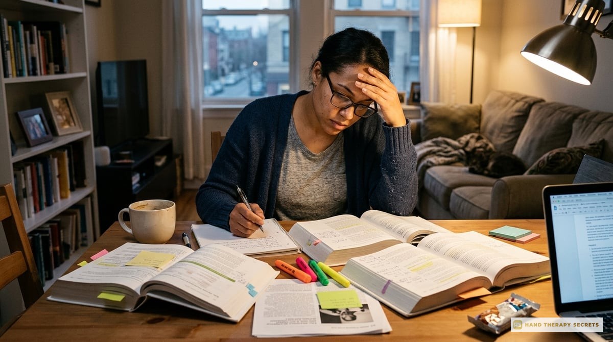 An inspiring image of a determined therapist studying for the CHT exam, with textbooks and study materials scattered around.

Photo-realistic