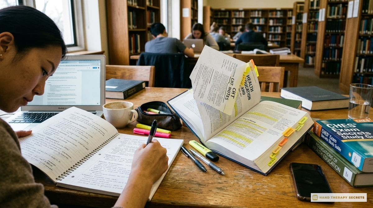 A focused photo of CHT written notes and textbooks, emphasizing the study environment and resources used for exam preparation.

Photo-realistic