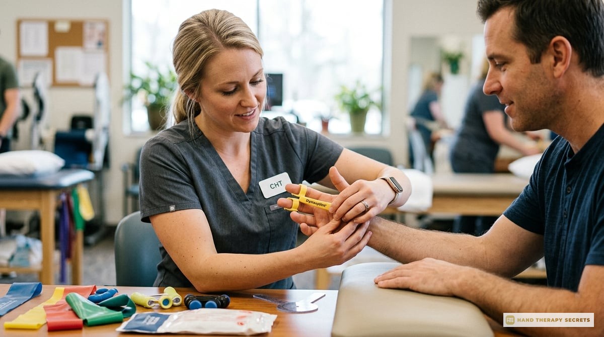 An inspirational image depicting a CHT working closely with a patient using therapy equipment, highlighting hands-on treatment.

Photo-realistic