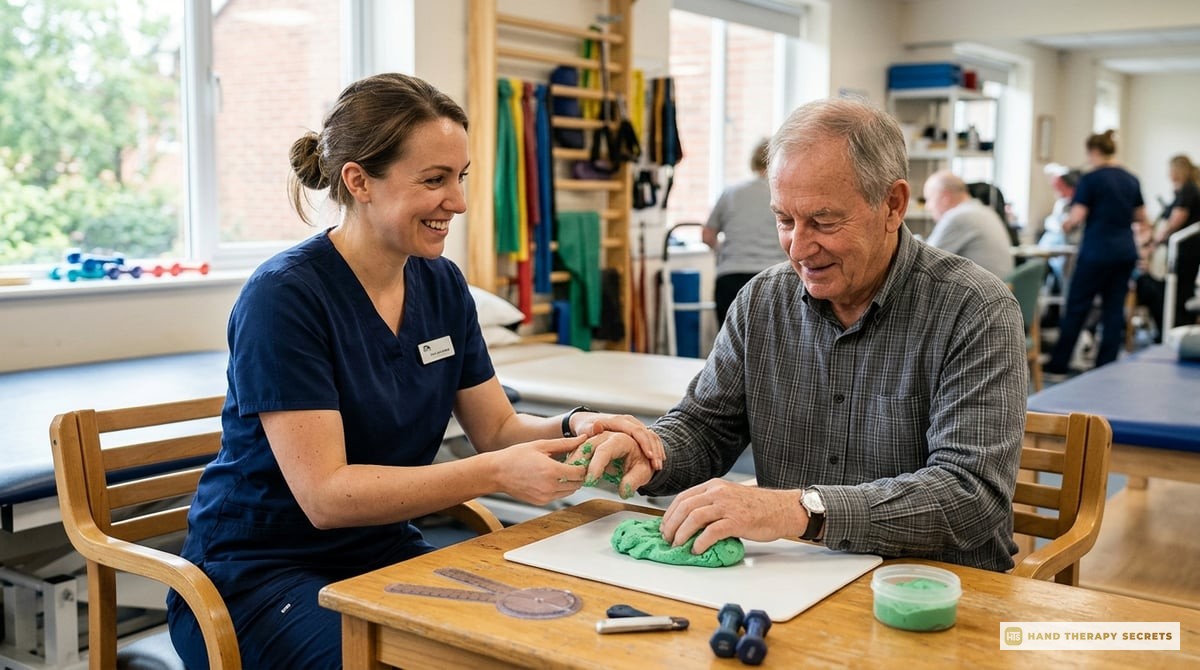 A vibrant image showing a confident occupational therapist with a patient in a therapy setting, showcasing hand therapy techniques.

Photo-realistic