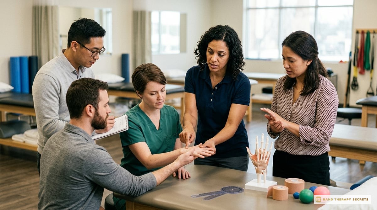 A group of therapists attending a hands-on training workshop, engaged in learning advanced hand therapy techniques.

Photo-realistic