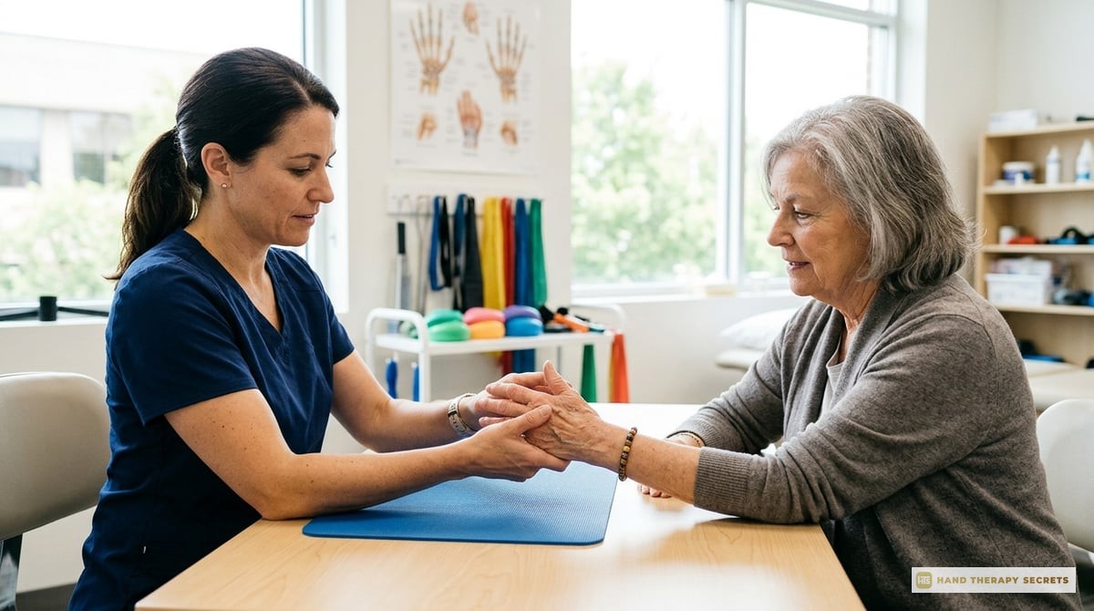 A professional therapist working with a patient in a bright clinical setting, showcasing hand therapy techniques.

Photo-realistic, editorial-quality