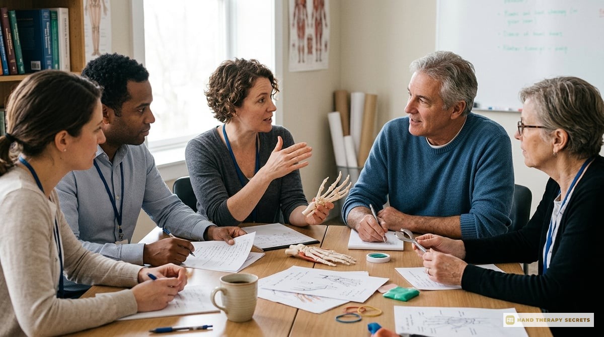 A group of certified hand therapists discussing treatment plans around a workshop table, showing engagement and teamwork.

Photo-realistic