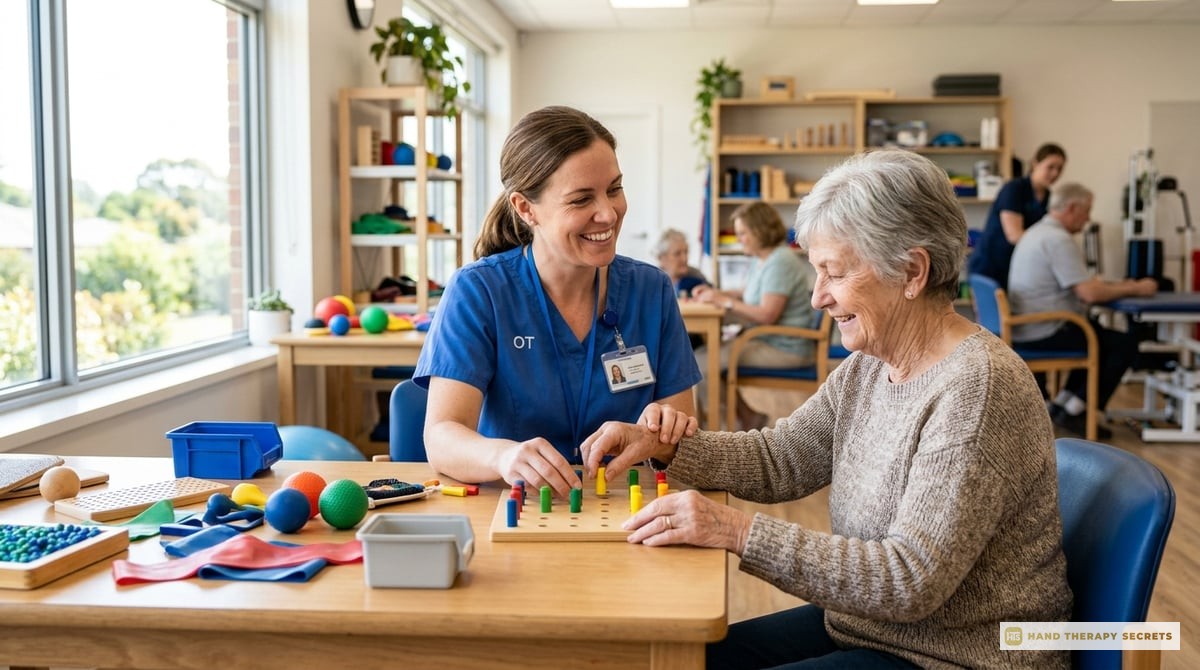 A professional occupational therapist smiling and working with a patient on hand therapy exercises in a bright therapy clinic.

Photo-realistic