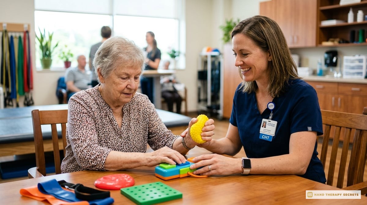 An engaging image showing a Certified Hand Therapist working one-on-one with a patient, who is doing hand exercises with bright clinical