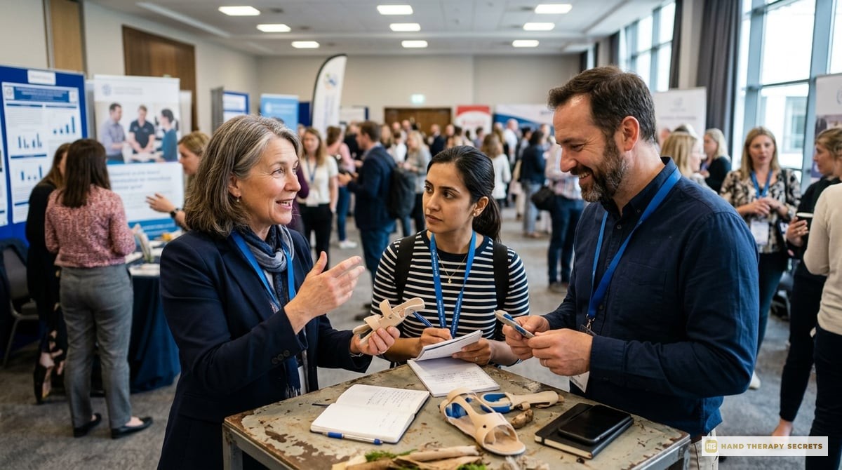 A photo of therapists engaging at a hand therapy conference, exchanging knowledge and ideas.

Photo-realistic, editorial-quality photograph. Natural