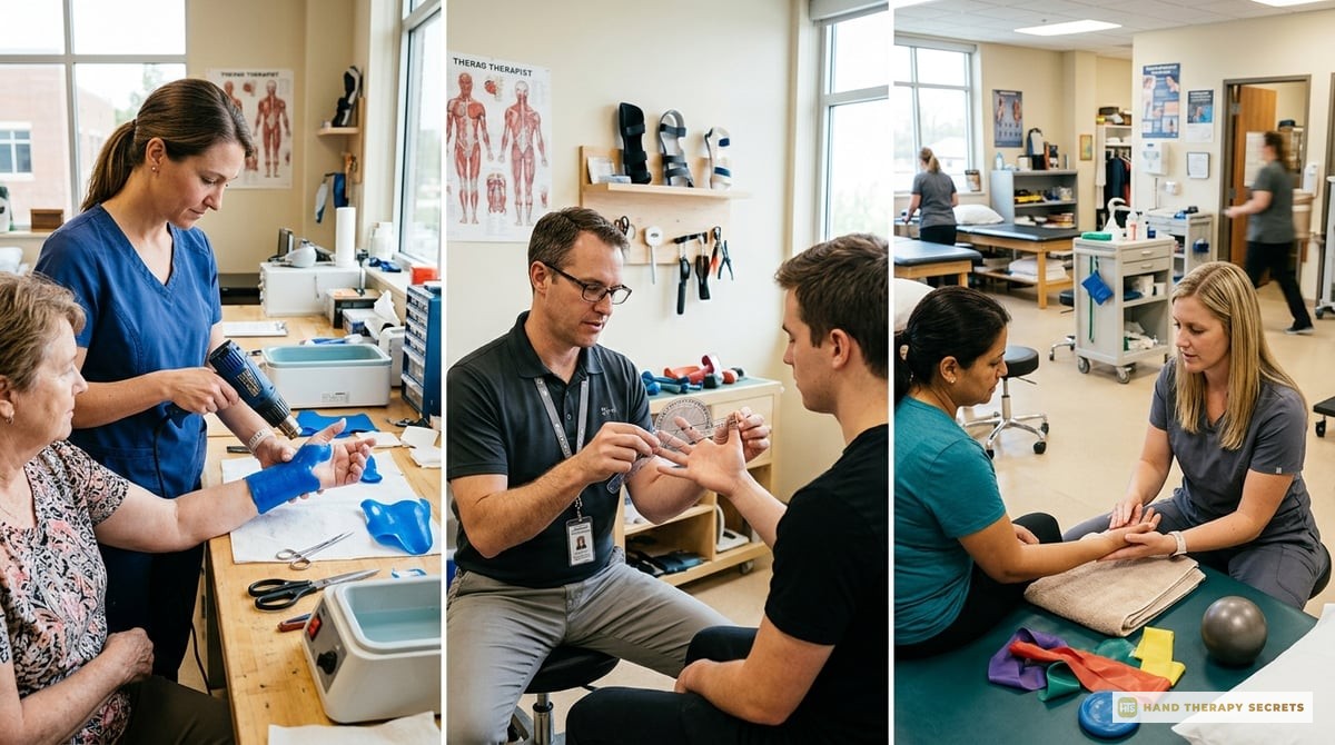 An infographic showcasing essential clinical skills in hand therapy, including orthosis fabrication, assessment techniques, and treatment