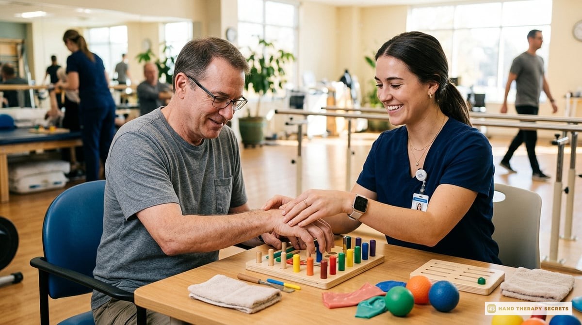 A vibrant image of a young therapist working with a patient in a rehabilitation setting, focusing on hand therapy techniques.

Photo-realistic