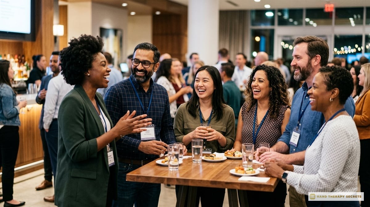 An image depicting a diverse group of occupational therapists laughing and discussing in a social setting or conference.

Photo-realistic