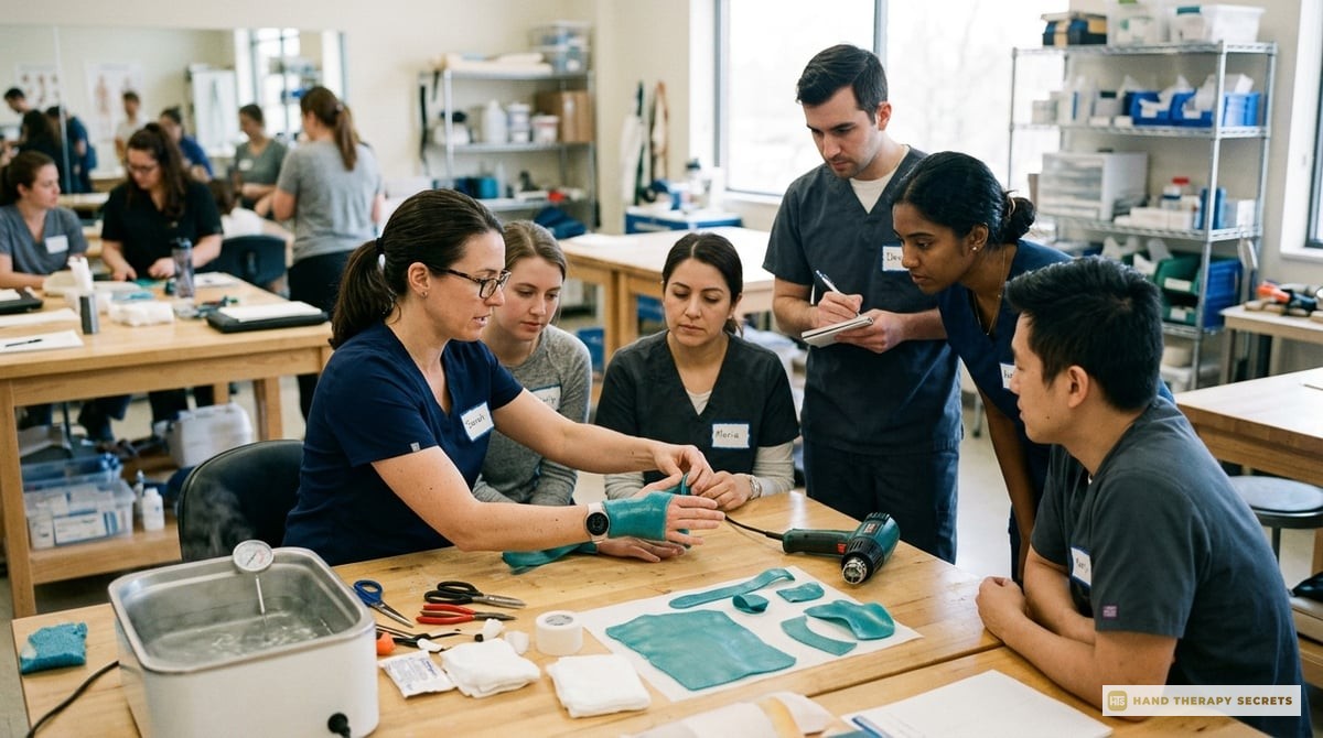 A photo of an OT instructor demonstrating splinting techniques to a small group of therapists in a workshop.

Photo-realistic, editorial-quality