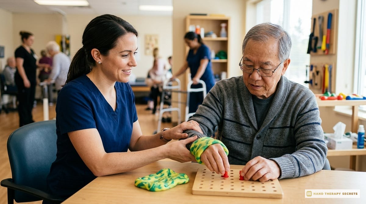 An inspirational image of an occupational therapist working with a patient on hand rehabilitation.

Photo-realistic, editorial-quality photograph