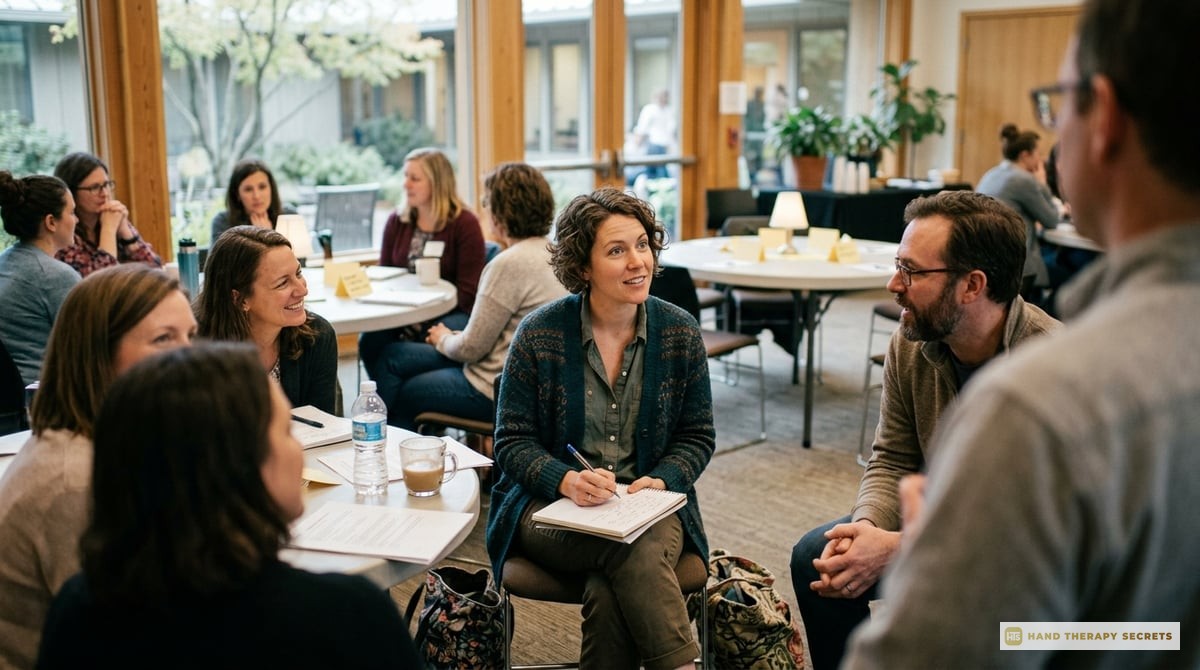 A photo of a therapist attending a workshop, eagerly listening to a speaker, taking notes, and engaging with peers in a supportive
