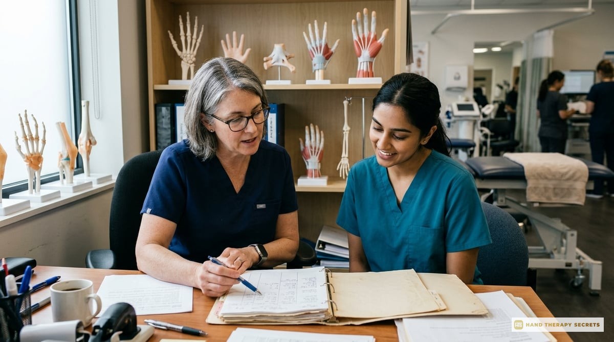 An engaging image of a mentor and mentee analyzing patient charts together, with anatomical models in the background to illustrate hand therapy