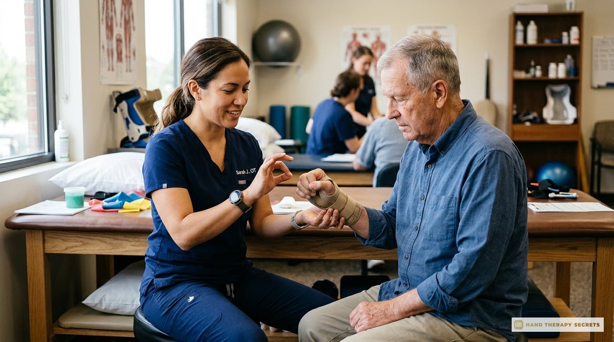 An occupational therapist demonstrating a tendon gliding exercise with a patient, both focused on rehabilitation.

Photo-realistic, editorial-quality