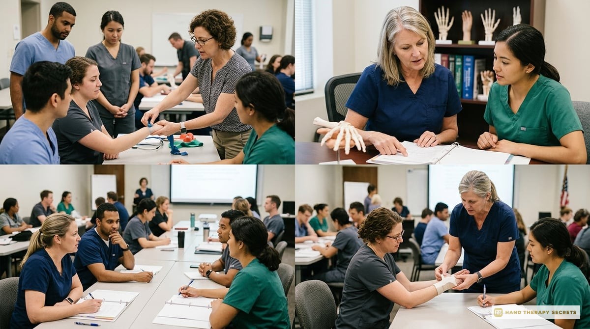 A collage of images showing hand therapy courses, a mentor with a mentee discussing a case, and a workshop in session.

Photo-realistic