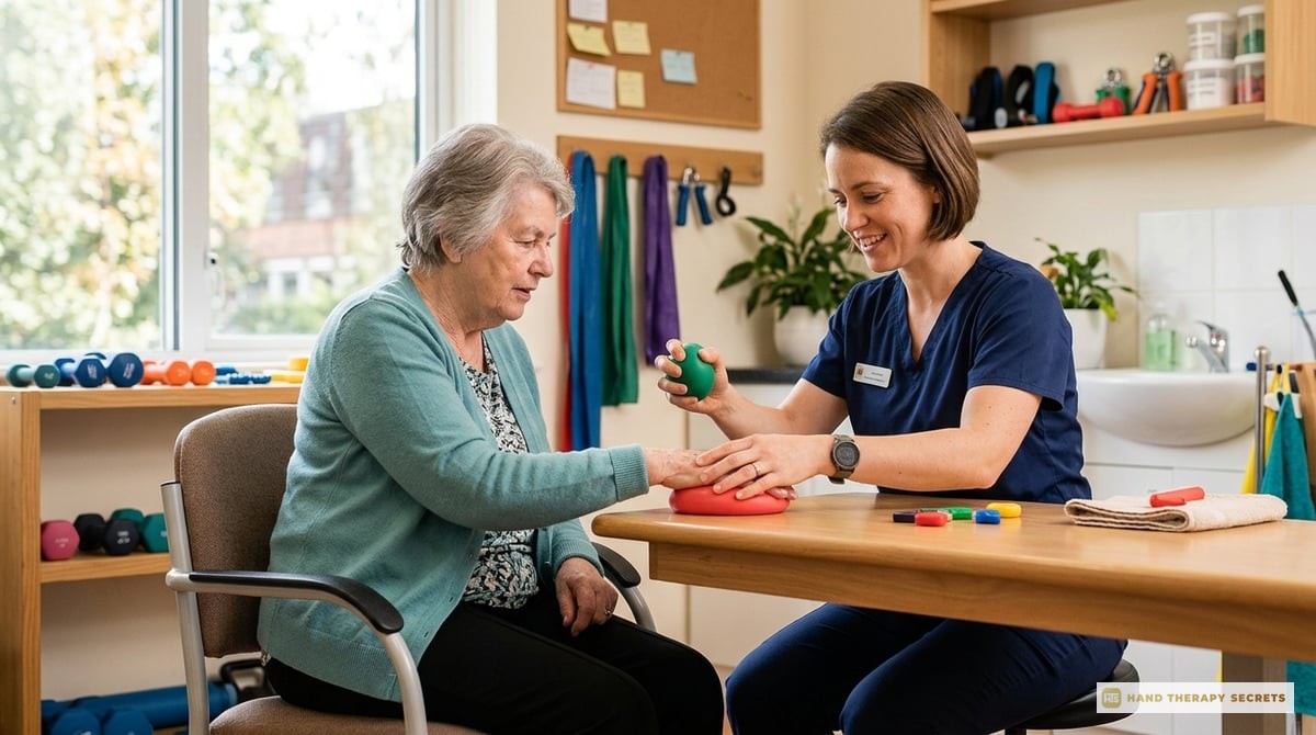 A professional occupational therapist working with a patient, demonstrating hand exercises in a well-lit therapy room.

Photo-realistic