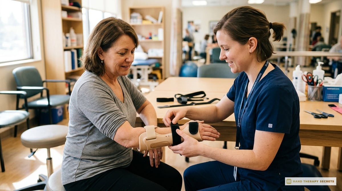 A therapist carefully adjusting a custom-made orthosis on a patient's arm, demonstrating fitting and adjustment.

Photo-realistic, editorial-quality