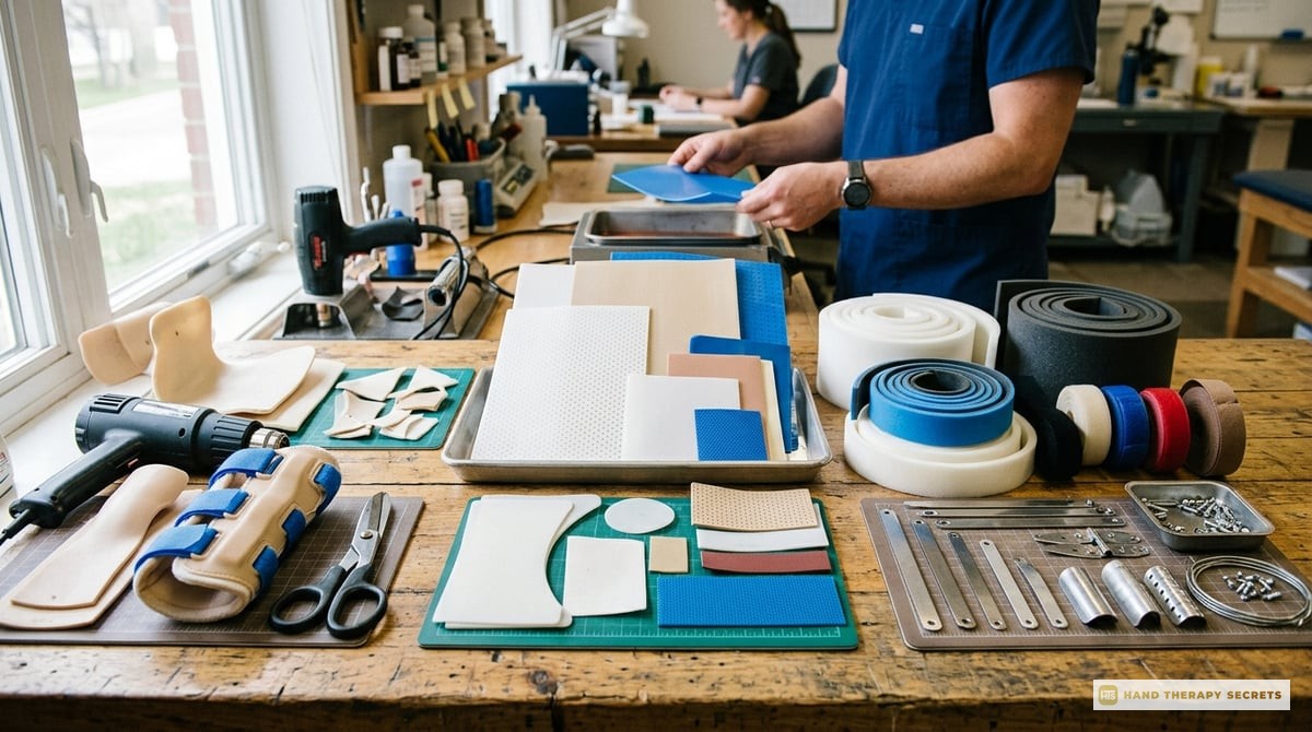 An array of different splint materials displayed on a table, showcasing thermoplastics, foam, and metal components.

Photo-realistic