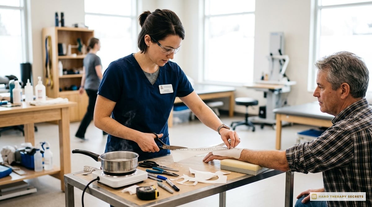 A therapist measuring and cutting material for splint fabrication in a well-lit clinical setting.

Photo-realistic, editorial-quality photograph