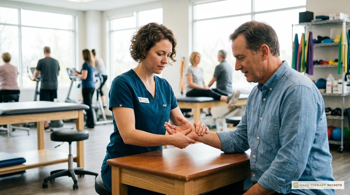 A hand therapist demonstrating advanced manual therapy technique on a patient’s hand, showcasing therapeutic interaction in a clinical