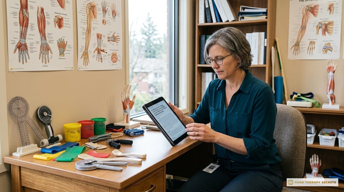 An image of a therapist reading a clinical study on a tablet, surrounded by hand therapy tools and diagrams of the upper extremity.

Photo-realistic