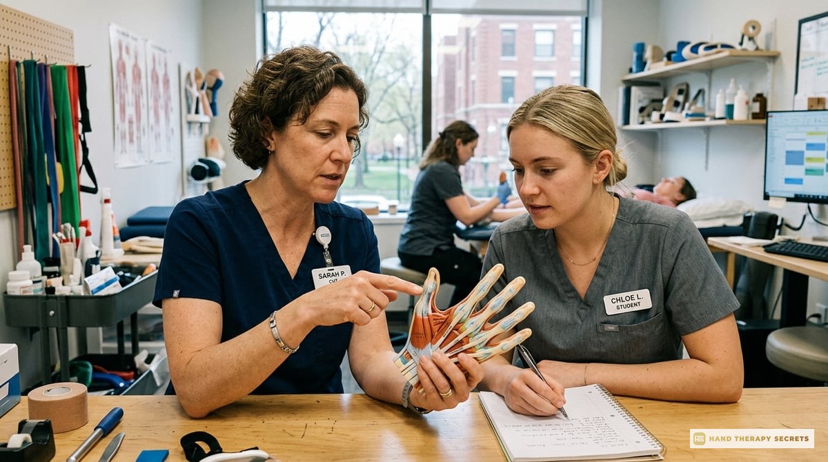 A professional hand therapist instructing a student, both focusing on a detailed anatomical model of the hand in a clinical
