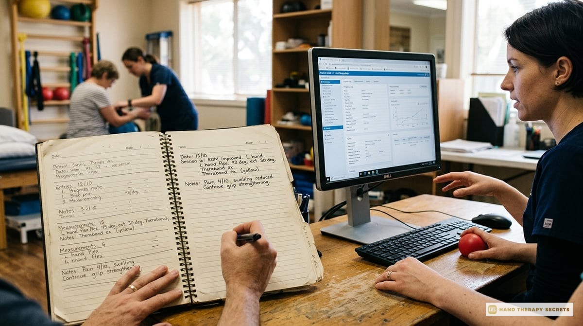 An open logbook with notes from hand therapy sessions, alongside a computer displaying clinical data.

Photo-realistic, editorial-quality photograph