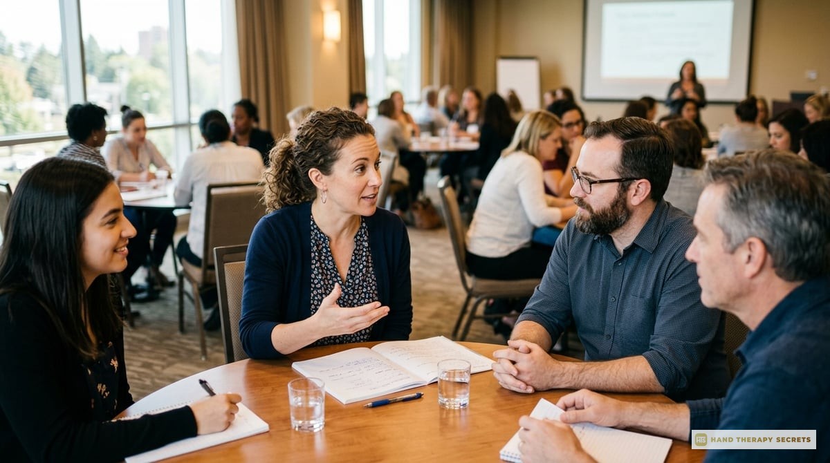 A therapist attending a professional workshop, actively participating in skill-building exercises with colleagues.

Photo-realistic