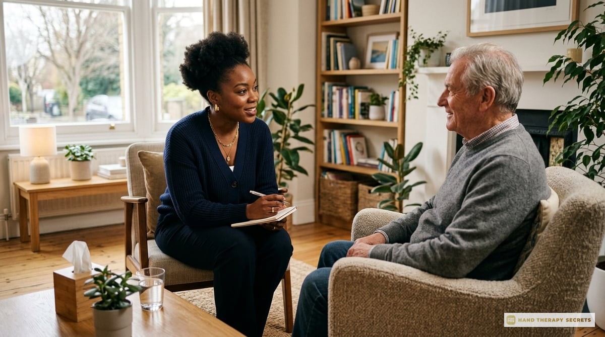 A professional therapist engaging with a patient in a therapy session, demonstrating diligence and care in a well-lit clinic.

Photo-realistic