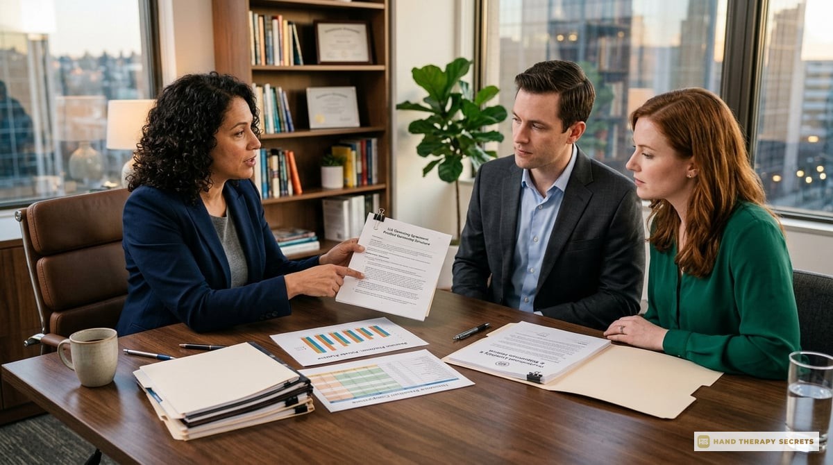 A professional setting with a therapist discussing legal documents and financial charts, emphasizing business structure and