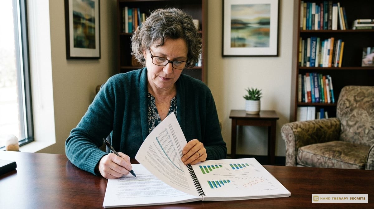 An image of a therapist reviewing a detailed business plan, with charts and graphs representing market analysis.

Photo-realistic, editorial-quality
