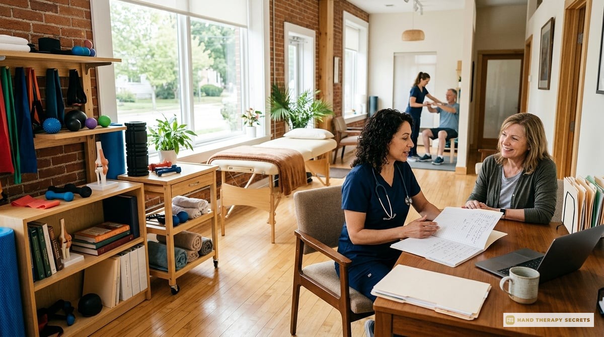 An inspiring and professional medical office with bright lighting, displaying therapy tools and patient charts.

Photo-realistic, editorial-quality